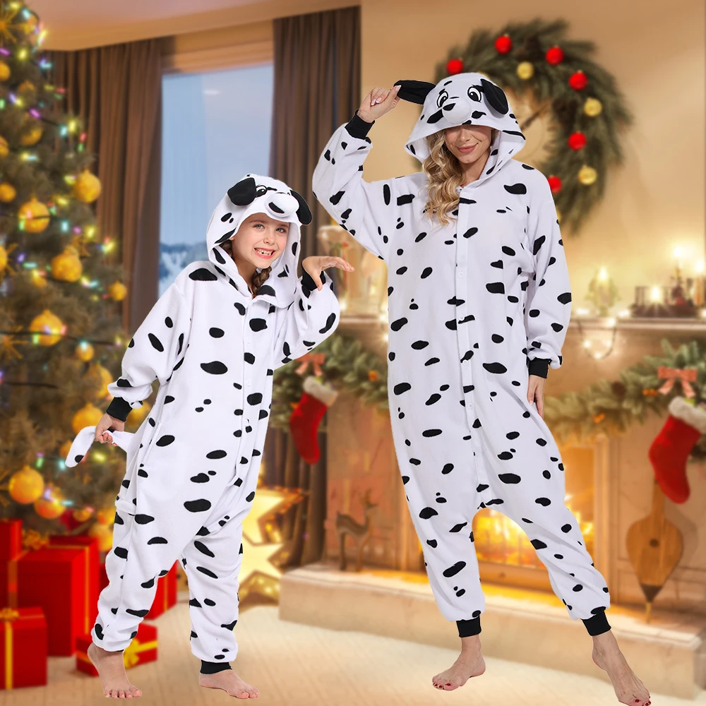 

Dalmatian Dog One-piece Pajama Father Mother Kids Family Parent-child Soft Warm Onesie Homewear Halloween Cosplay Costume