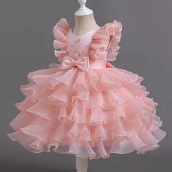 Girls' tutu Court Style Short Dress Aircraft sleeves Children's Princess flounce Mesh Puff Skirt 6 years old Graduation dinner