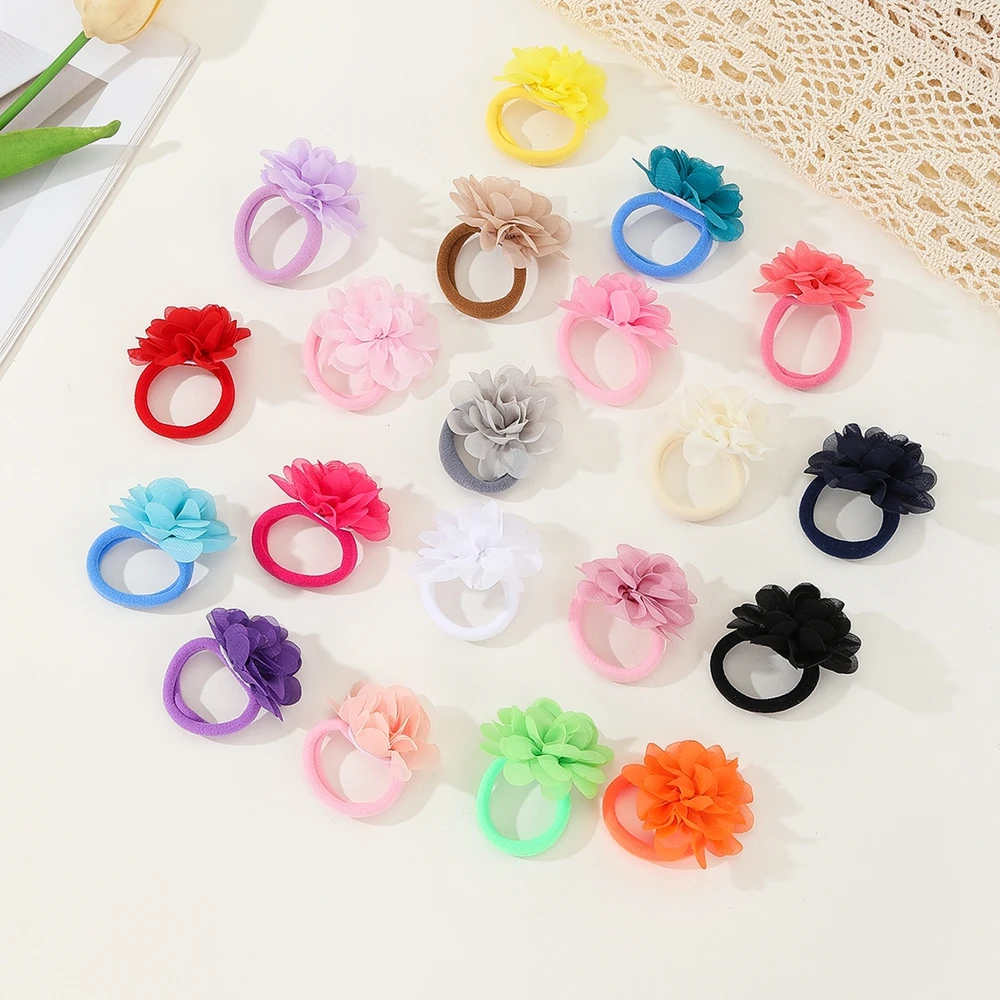 20pcs/lot Baby Girls Hair Ties 2inch Chiffon Flower Bows Rubber Bands Soft Elastics Ponytail Holders Accessories for Infants Kid