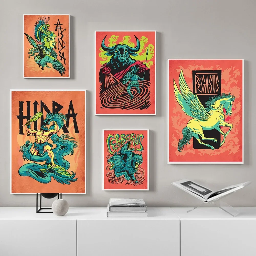 أثينا ميدوسا زيوس مينوتور بوسيدون سيربيروس الآلهة اليونانية المشارك طباعة على قماش جدار الفن اللوحة لغرفة المعيشة ديكور المنزل #1