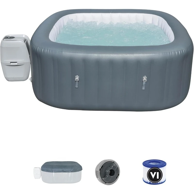 SaluSpa AirJet 4 to 6 Person Inflatable Hot Tub Square Portable Outdoor Spa with 114 Soothing AirJets and Insulated Cover, Gray