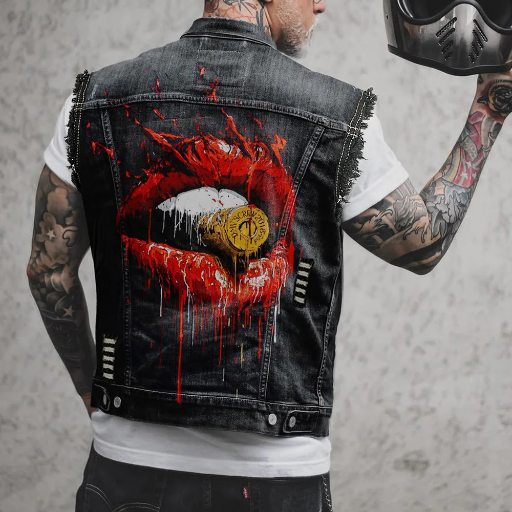 New Stylemen's Cowboy Waistcoat Sleeveless Vest Raw Edge Spring/Summer New Outdoor Bike Motorcycle Punk Red Lip Bullet Print Pat