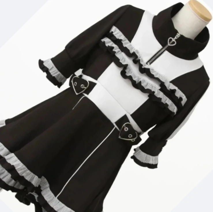 

Japanese Style Sweet Cute Heavy Craft Two-Piece Set Color Block Stand Collar Zipper Short Sleeve High Waist Dress and Shorts