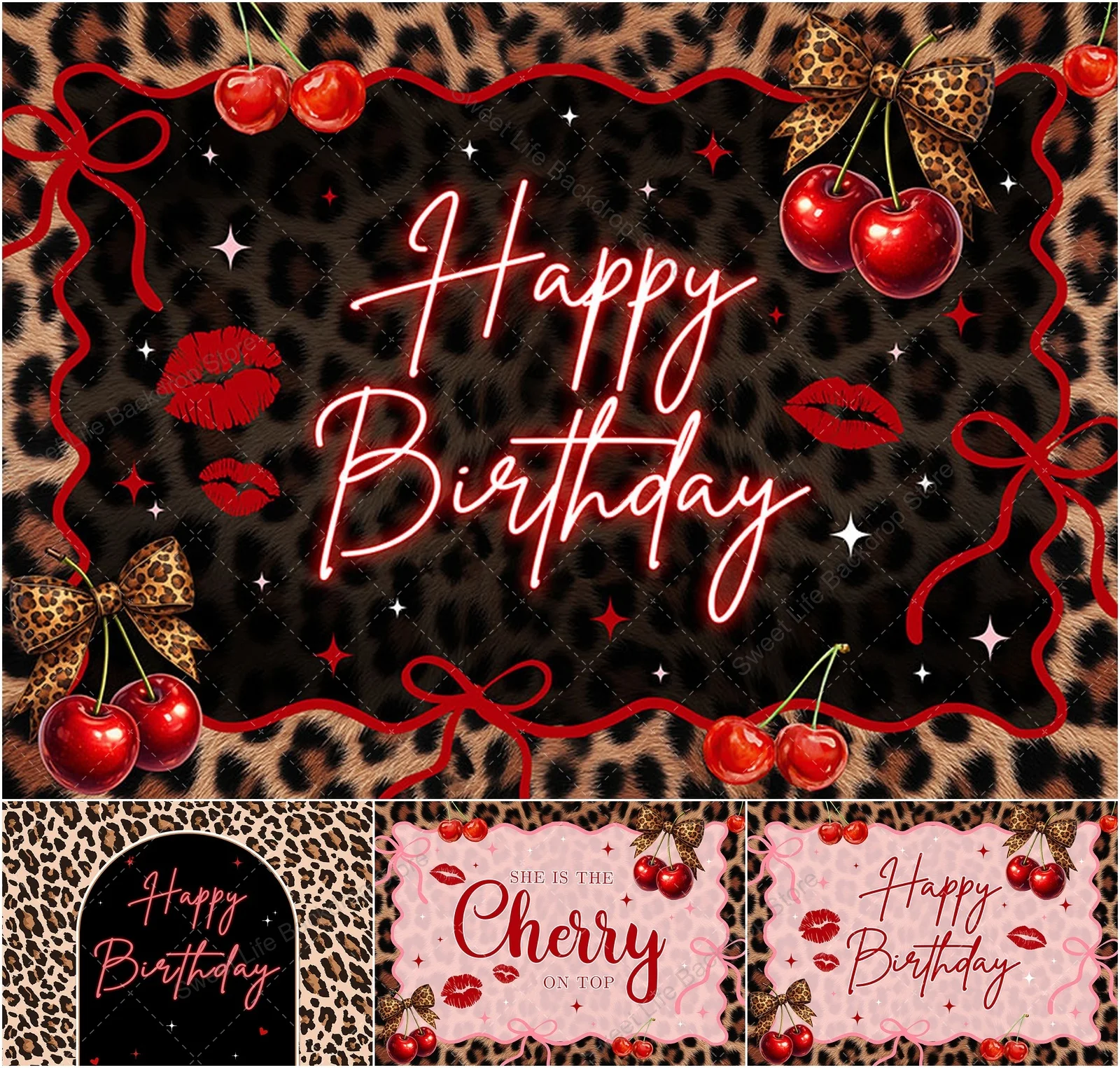 Leopard Print Cherry Party Photo Backdrop Banner Kiss Bow Girl Women Happy Birthday Party Decorations Photography Background