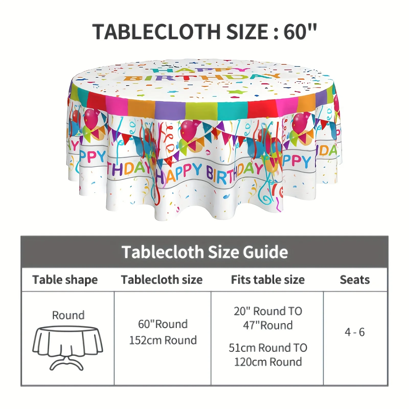 1PC, Polyester Table Cover, Happy Birthday Round Tablecloth, Vibrant Colored Balloons Small Flags Stars Colorful Decorative Tabl