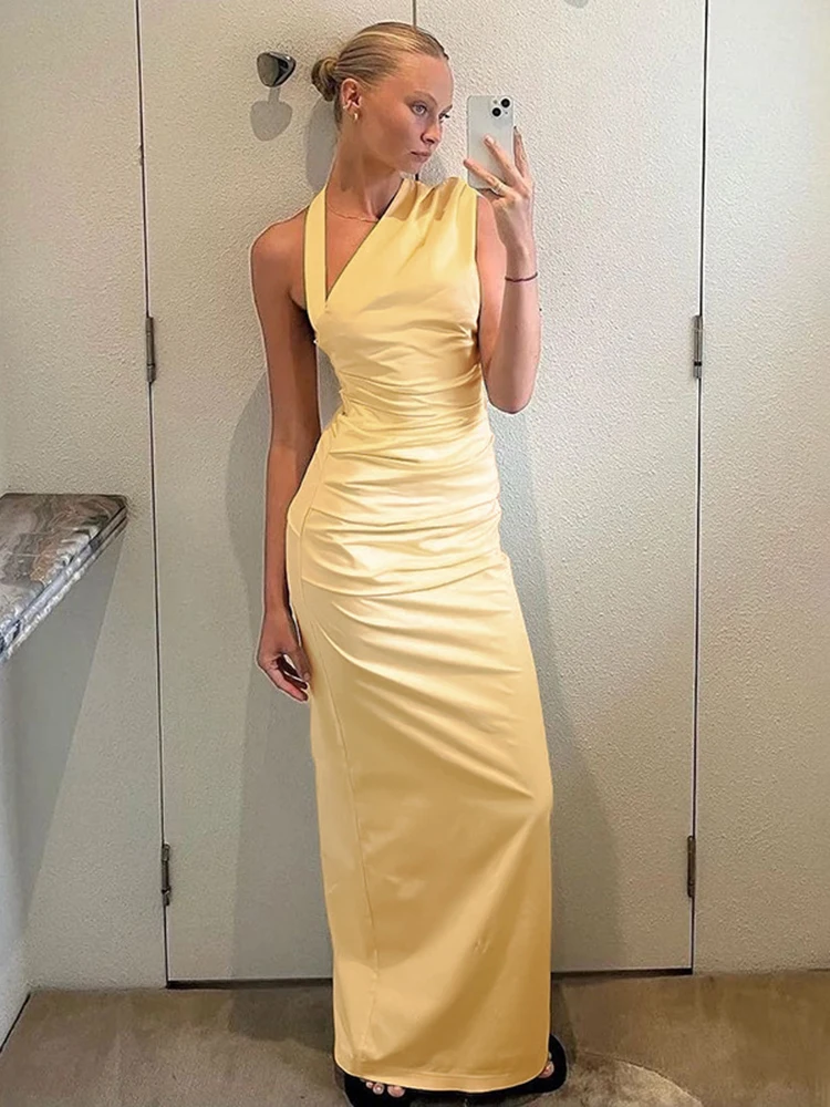 TARUXY Slanted Collar Halter Long Dress Female Summer New Ruched Backless Dress Sexy Bodycon Slit Women's Vacation Party Dress - Detail 1