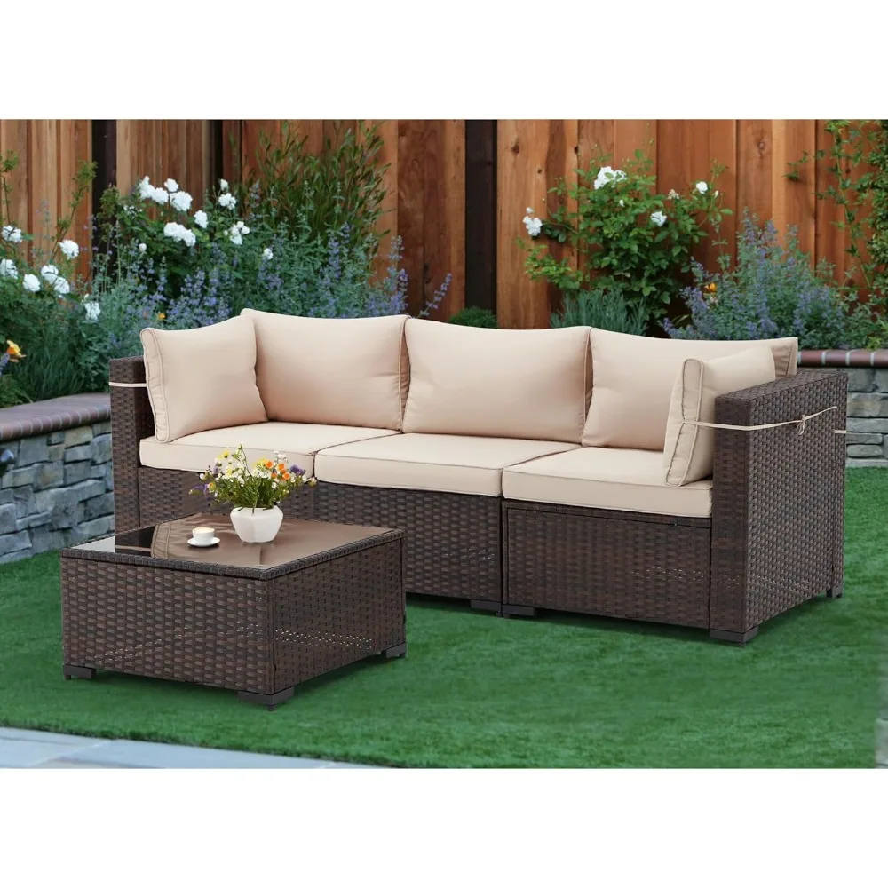 

Диван для патио, 3-местный уличный диван со столом из закаленного стекла, водонепроницаемые подушки с ремнями, для сада, крыльца, балкона, бежевый