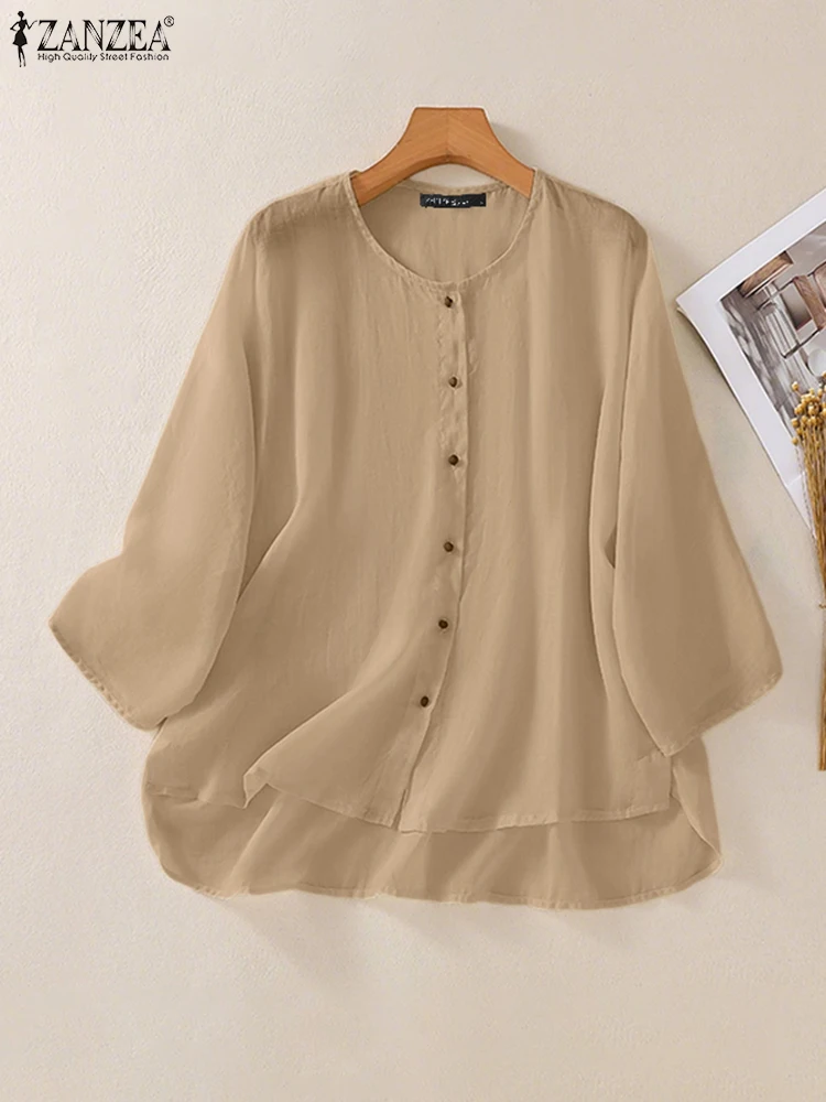 ZANZEA Fashion Asymmetrical Tops Women Autumn Shirts 2025 Stylish Casual 3/4 Sleeve O-Neck Solid Blouse Loose Blusas Femininas