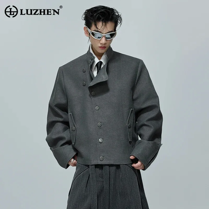 

LUZHEN пальто одиночные мужские однотонные воротники нестандартной формы с воротником-стойкой на груди деконструкция свободные мужские короткие куртки модные JY4457