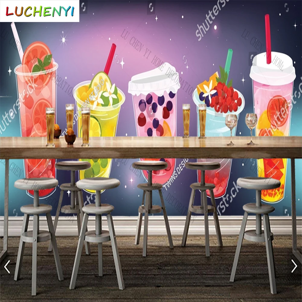 Custom bubble tea fruits Tea wallpaper lemonade mural restaurant cold drinking shop dining room wall papers home decor sticker