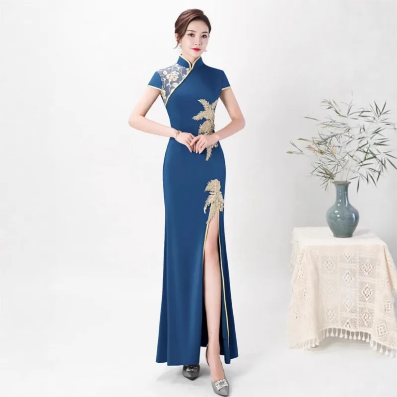 Chinese-style long evening gowns improved cheongsams model catwalk show performance costumes banquet