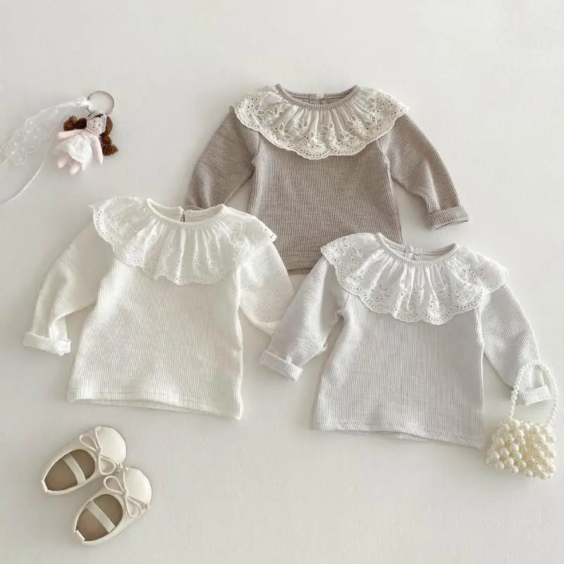 2025 Spring Baby Girls Long Sleeve Lace Collar Solid Color T Shirt Casual Stylish Top For Infant Toddler Kids Clothes Outfit