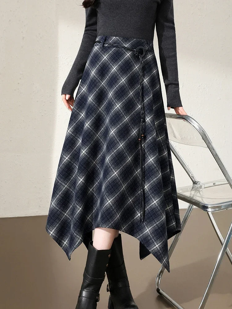 Women Faux Woolen Plaid Long Skirts Korean Vintage Belt Loose High Waist A Line Skirt Casual Fall Winter Irregular Retro Skirts