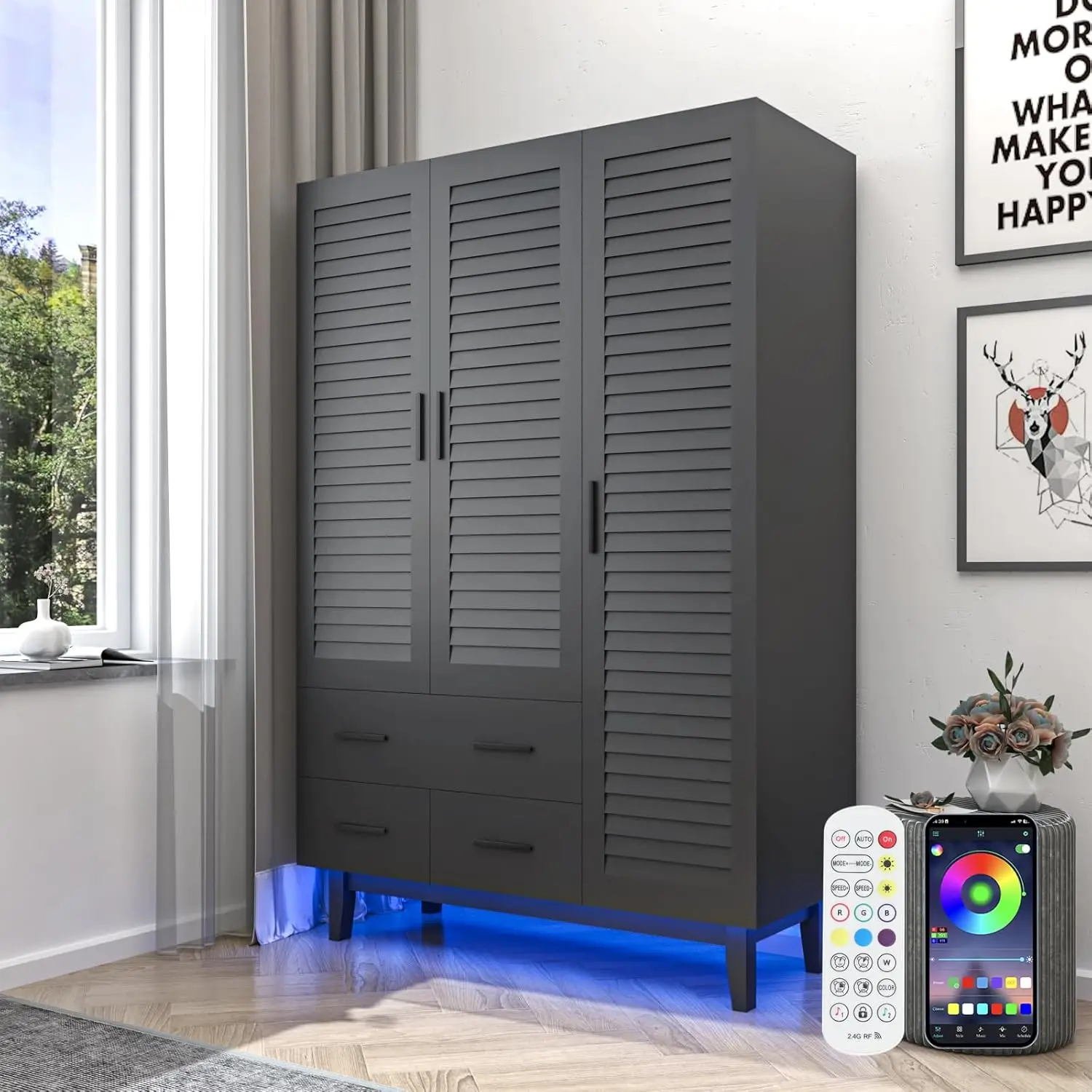 Armoire de garde-robe à 3 portes avec égouts de proximité et lumières LED, étagères à plusieurs niveaux, confronnewest et 3 portes à persiennes