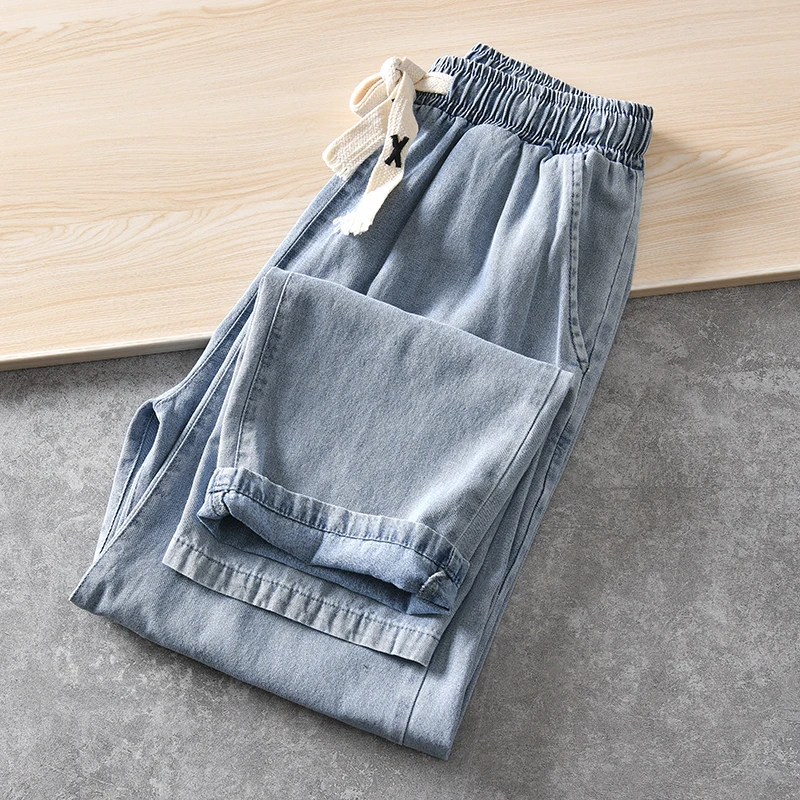 

Retro Washed Heavy Duty Men's Jeans Elastic Waist Loose Fit Casual Long Pants Fashionable Urban Style Spring Collection