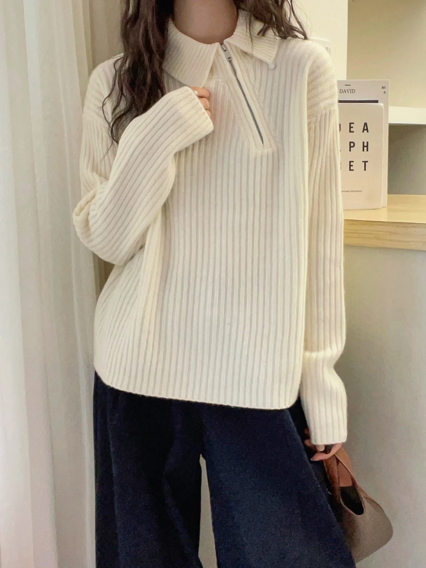 Damen Faionable Pure Color Camere Pullover Loose Long Sve Overhead Strickoberteil Schlankheitsstreifen Winter SLE Damen...