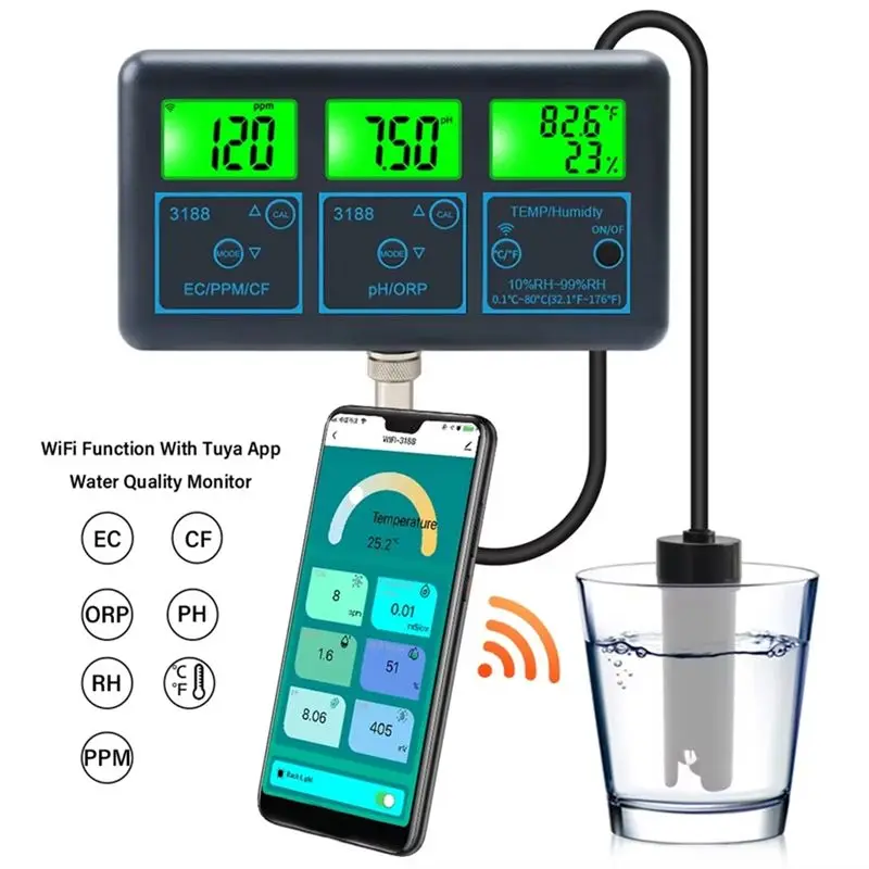 HLZS-Tuya Wifi 7 In1 Water Quality Tester Multi-Parameter Water Analyzer PH/ORP/EC/PPM/CF/Humidity/TEMP Monitor Meter EU Plug