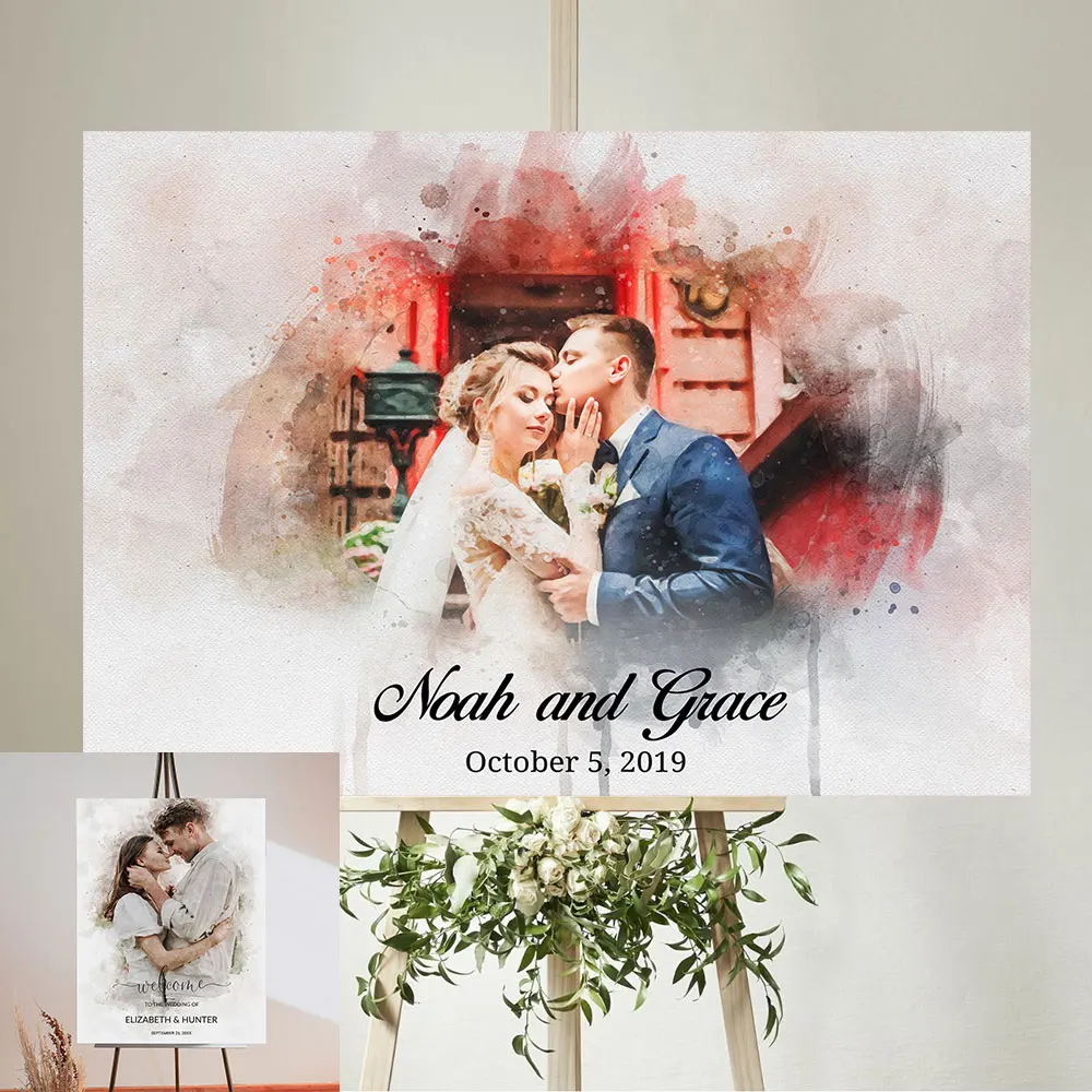 Watercolor Couple Portrait Poster Unique Wedding Welcome Sign Art Print Canvas Painting Wall Picture for Welcoming Guests Decor