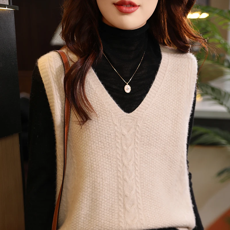 

100% Wool Women Sweater V-neck Knitwears Slim Fit Shirt Korean Fashion Pullovers Thickening Knit Tops 2024 New Vest