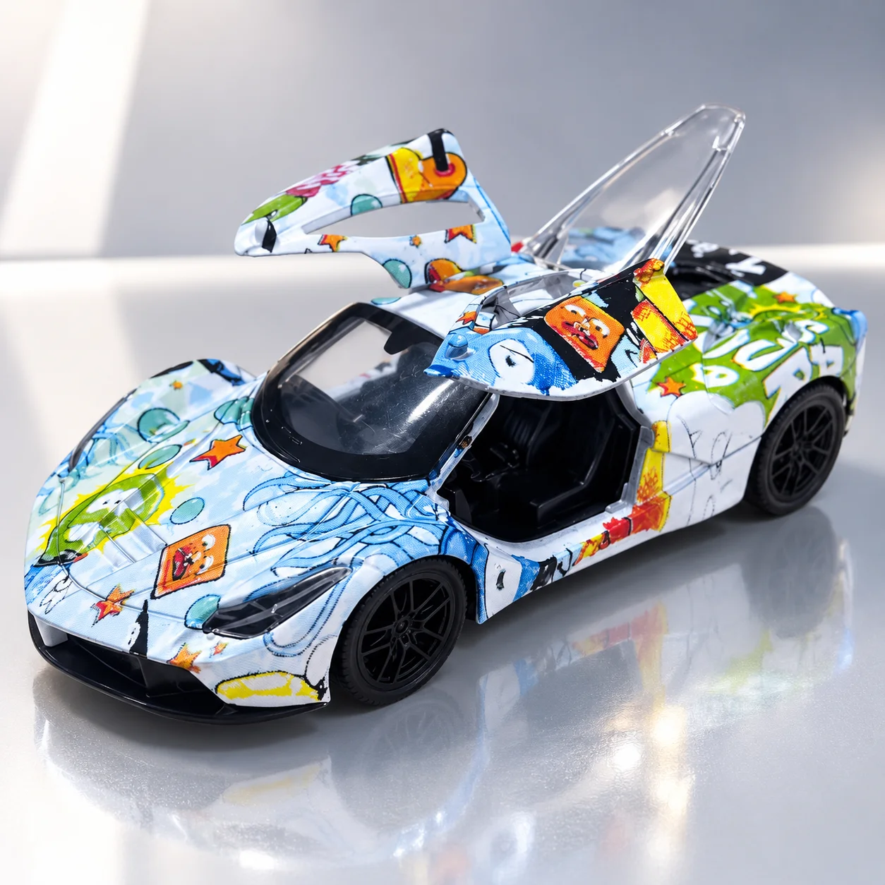 (Corrugated Box) 1/36 Scale, Graffiti Sports Car Style Toy Car, Powerful Spring, Metal Casting, Boy's Toy, the Best Gift.