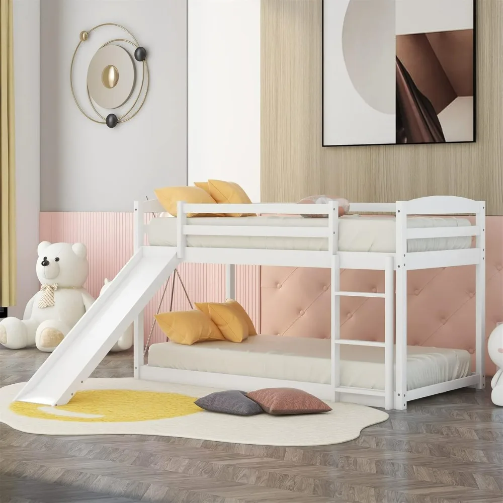 

Low Bunk Beds Twin Over Twin Bunk Bed with Slide Wood Bed Frame for 2 Kids Toddlers Boys Girls Teens, White