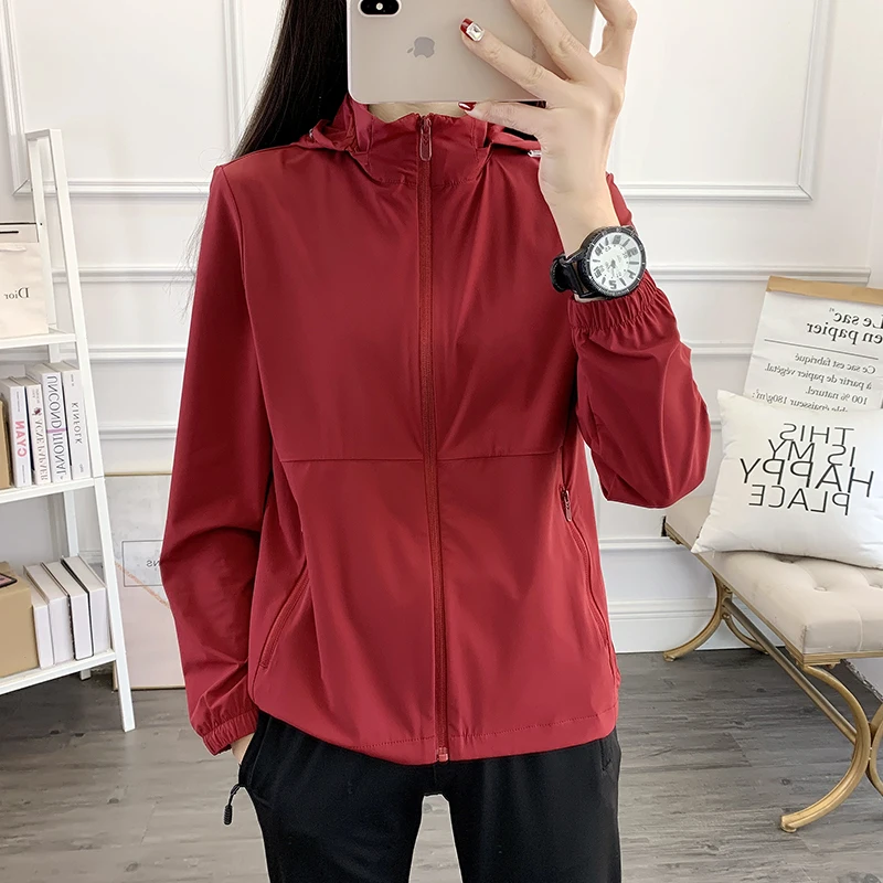 Women Hooded Lightweight Jacket Casual Full Zip Windbreaker Coat Elastic Cuff Outdoor Sports Loose Thin Outerwear L‑5XL