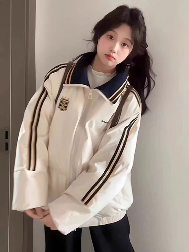 Thiened College Sle Women's down Jaet Winter Warm Cotton Coat Striped American Retro Outerwear Long Sve Zipper