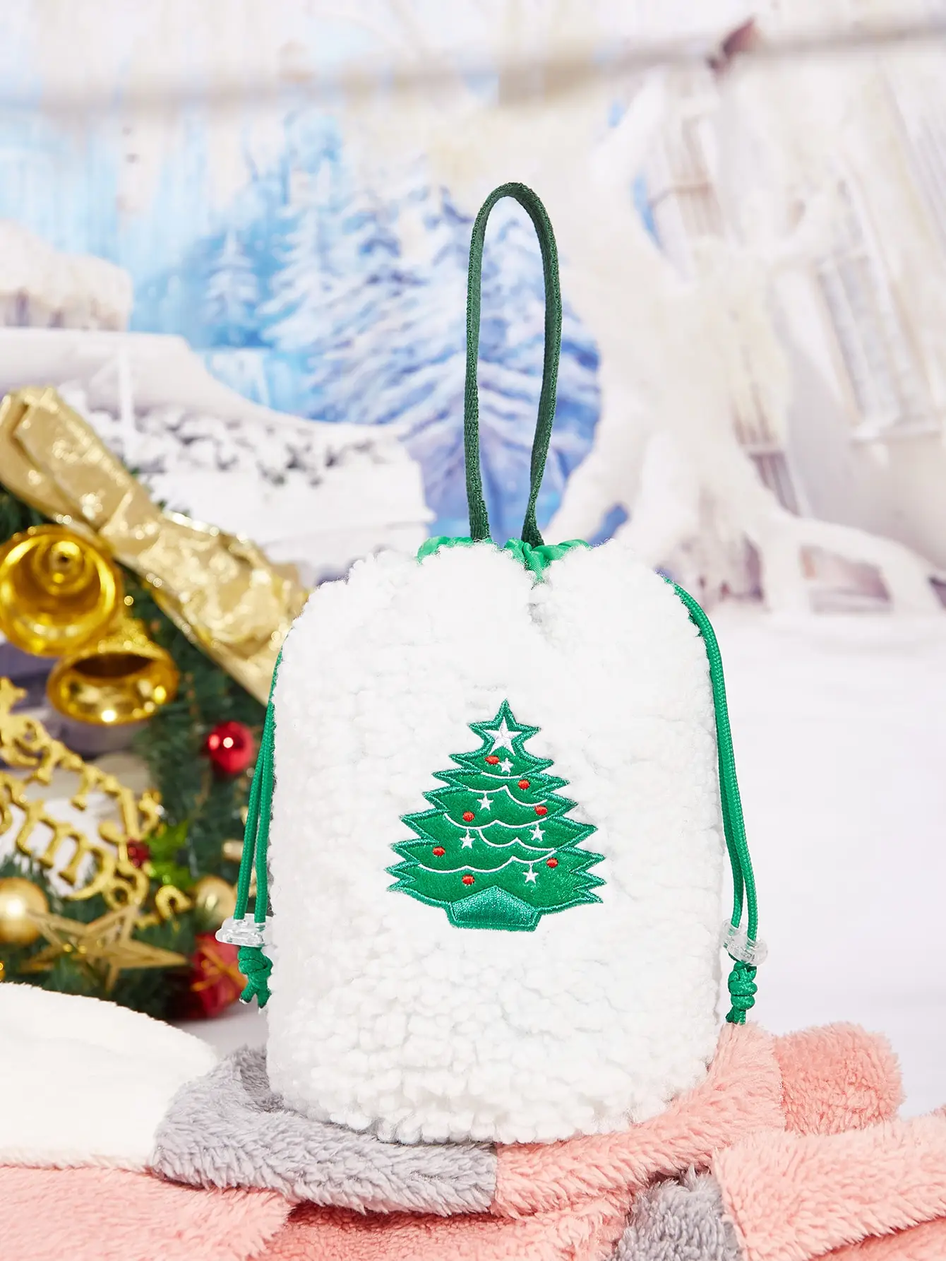 Christmas Tree Embroidered Fluffy Gift Bag