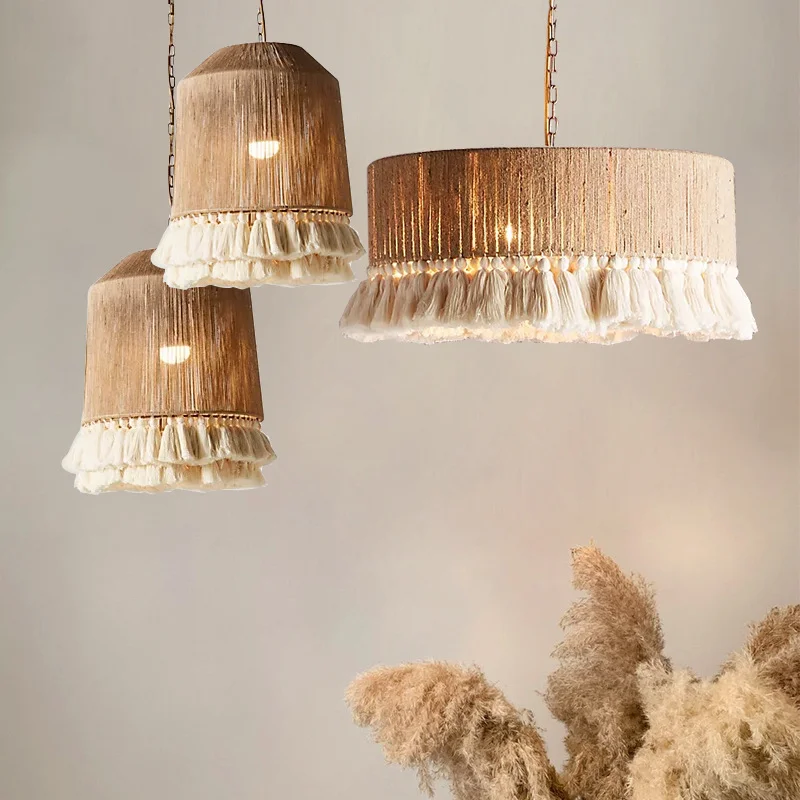 Bohemian Pendant Light Vintage Hemp Rope Tassel Pendant lamp for Kitchen Living Room Bedroom Handmade Woven Rattan Chandelier