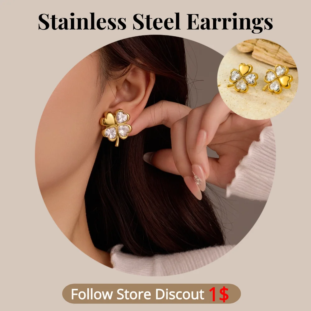 

Stainless Steel Clover Zircon Earrings Plated 18k Gold Non Tarnish Waterproof Trendy Fashion Jewelry Earrings For Women Gift