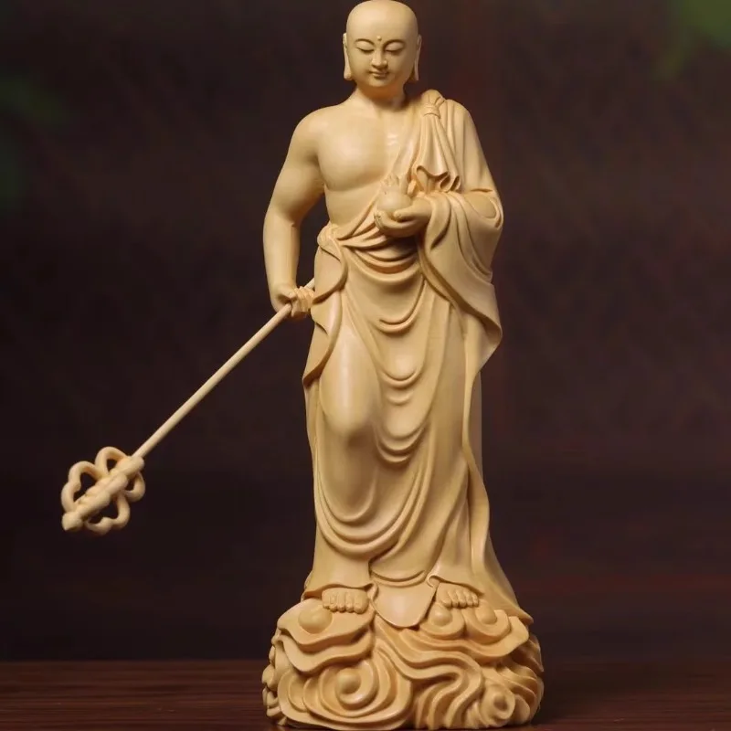 Hinoki Wood Hand Carved Ksitigarbha Dizang Bodhisattva Standing Statue Figurine W/ Staff Jewel - Spiritual Ornament Home Temple