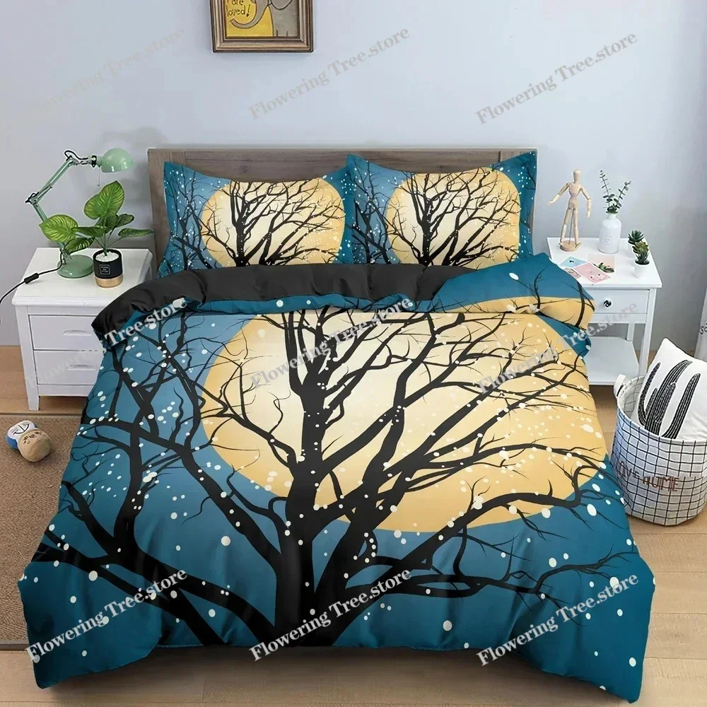 3D Landscape Duvet Cover Bedroom Decor Luxury Bedding Set Tree Silhouette Against Sunset Sky Quilt Cover King Twin Single