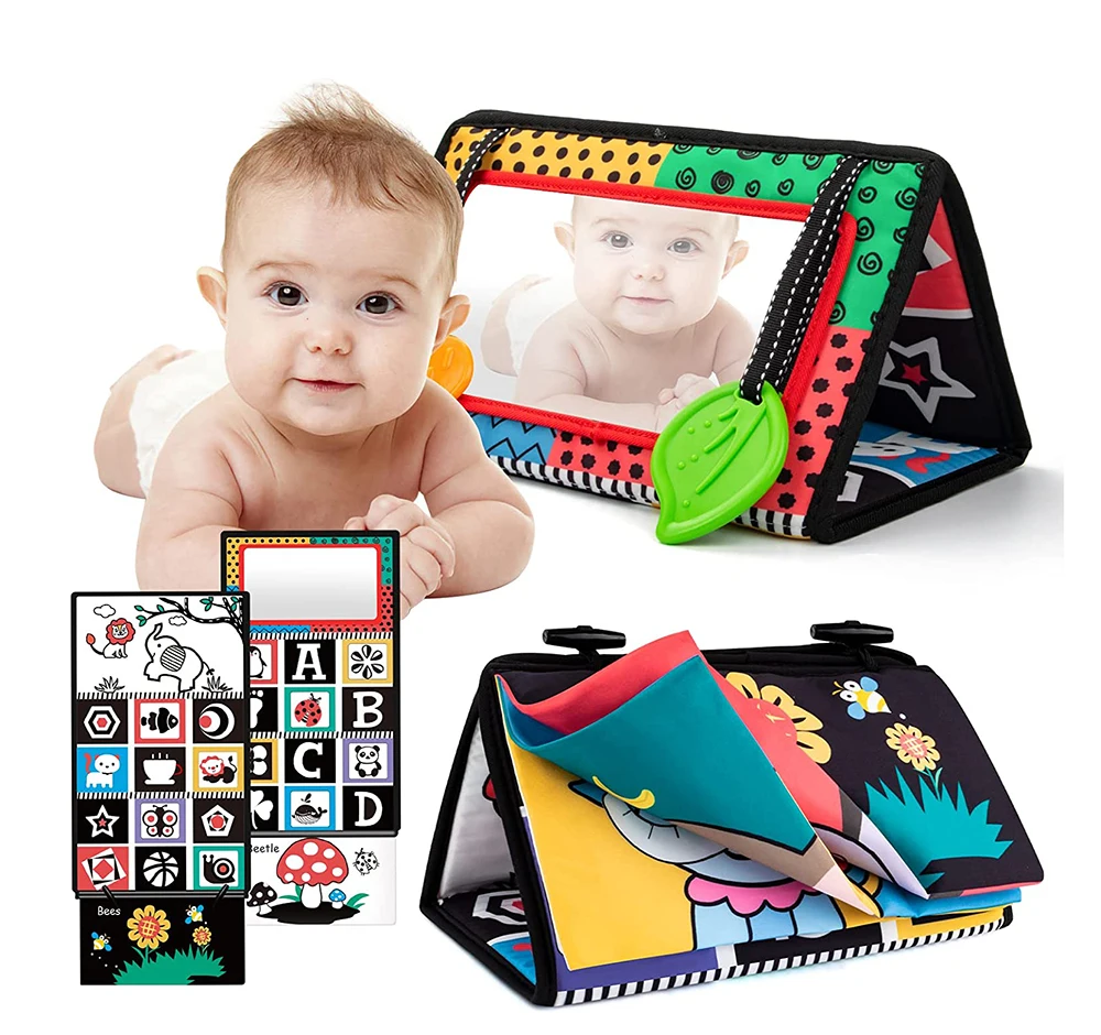 Montessori Tummy Time Floor Mirror Baby Toys with Teethers Cloth Books High Contrast Black White Sensory Toys for Newborn Infant