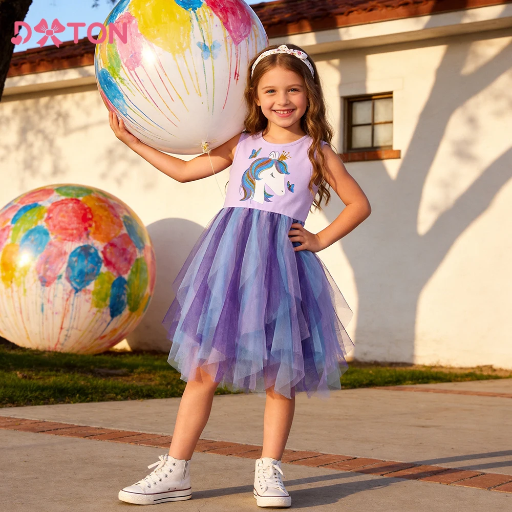 DXTON Kids Unicorn Dress For Girls Ball Gown Princess Dress Irregular Mesh Children Birthday Party Costume Cotton Toddler Dress