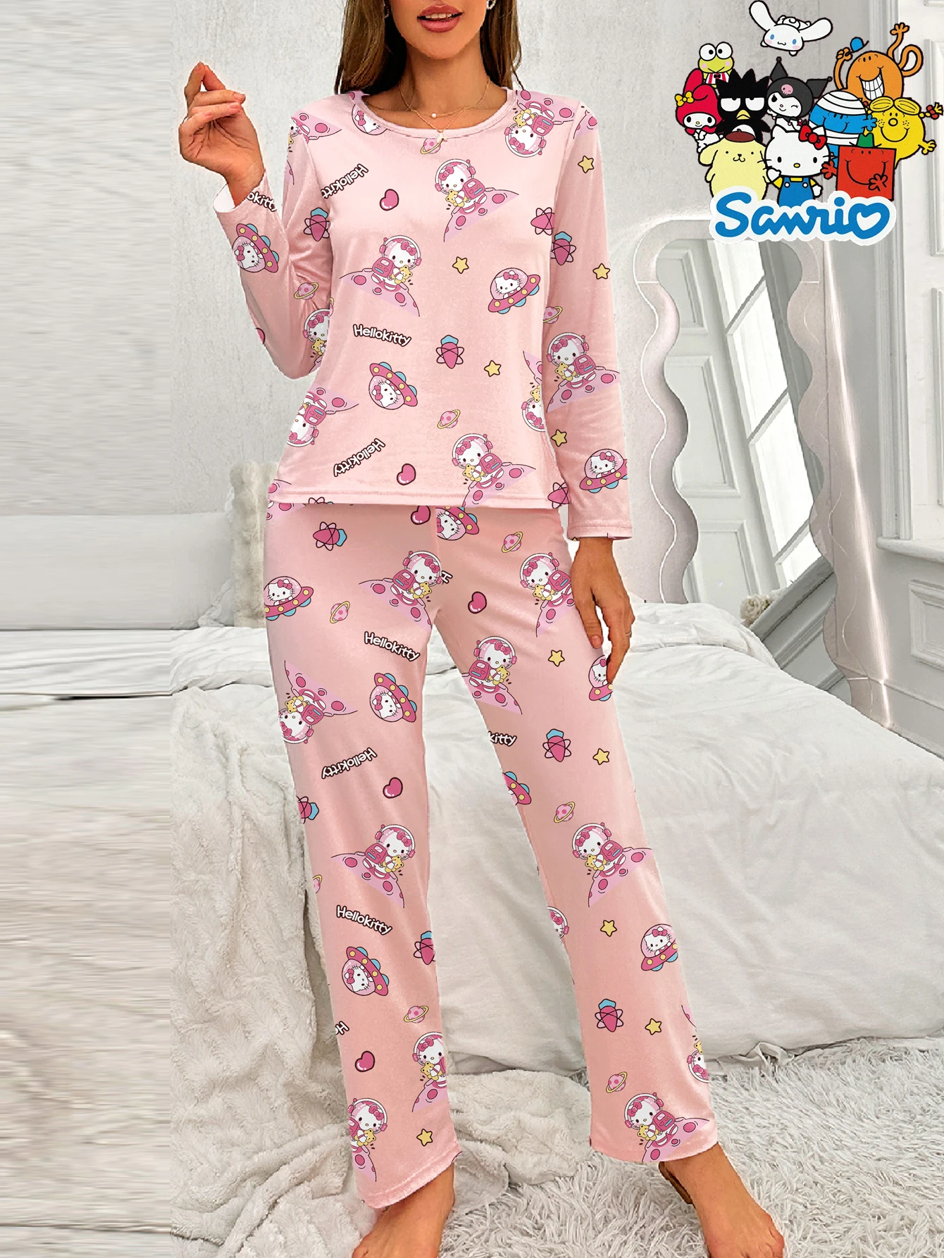 مجموعة ملابس نوم هالو كيتي بأكمام طويلة ورقبة دائرية كارتونية لطيفة غير رسمية