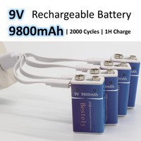 New 9V 9800mAh Rechargeable Battery USB-C Fast Charging, 2000 Cycles, 9 Volt Batteries for Smoke Alarms, Medical Devices, Radios