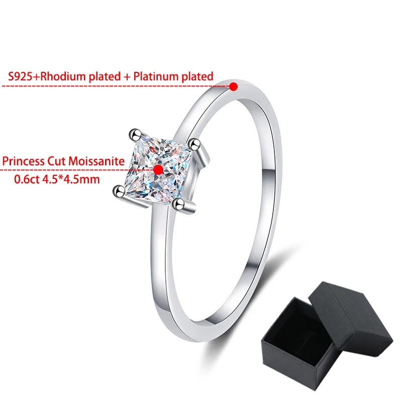 Syoue 0.6ct 4.5Mm Cincin Soliter Moissanite Potongan Putri untuk Wanita Tidak Berwarna Kualitas Tinggi 100% S925 Perak Murni GRA