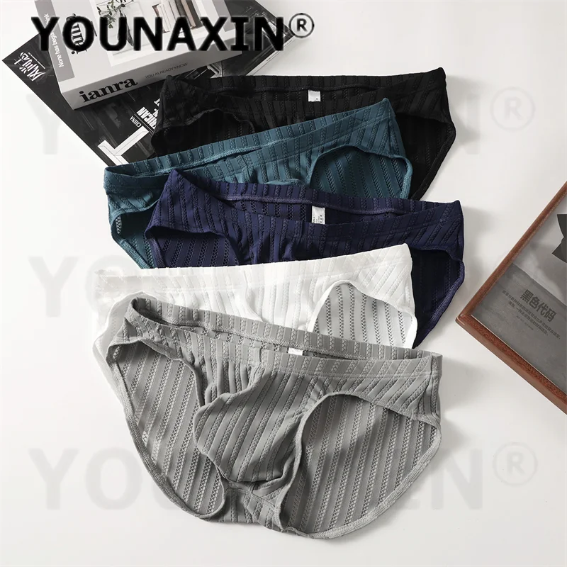 YOUNAXIN 5 Pieces Men's Summer Thin Low-Rise Ice Silk Briefs Soft Breathable Stripe Sexy Underwear Plus Size M L XL 2XL