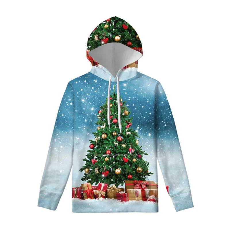 Moletom com capuz de árvore de Natal masculino, moletom grande estampado 3D, jaqueta solta, pulôveres casuais, streetwear com capuz, moda Harajuku