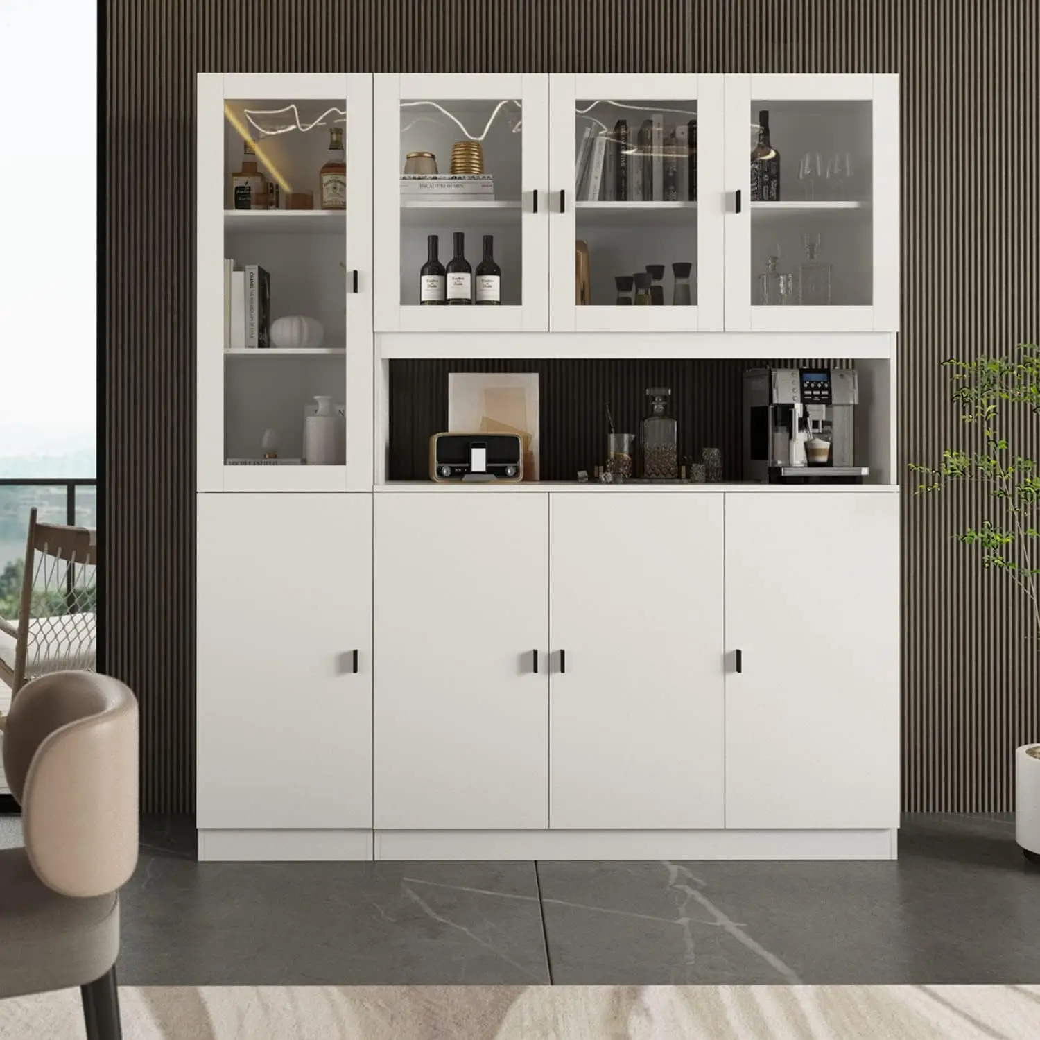 Ecacad Large Kitchen Pantry With Glass Doors & Adjustable Shelves, Multi-Tier Wood Storage Cabinet, Freestanding Kitchen