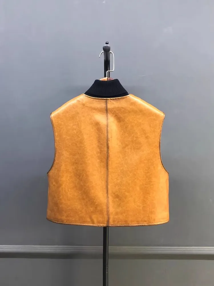 Colete Feminino Vintage de Couro Genuíno com Gola O e Zíper, Jaqueta Curta Casual Estilo Motoqueiro para Primavera e Outono, Colete de Pele de Carneiro Genuína