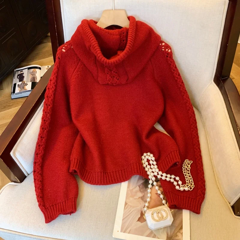 Women Christmas Red Pullover Sweater Vintage Jumper Knit Long Sleeves Removable Hoodie Burgundy Cashmere Sweater 2000s Clothes
