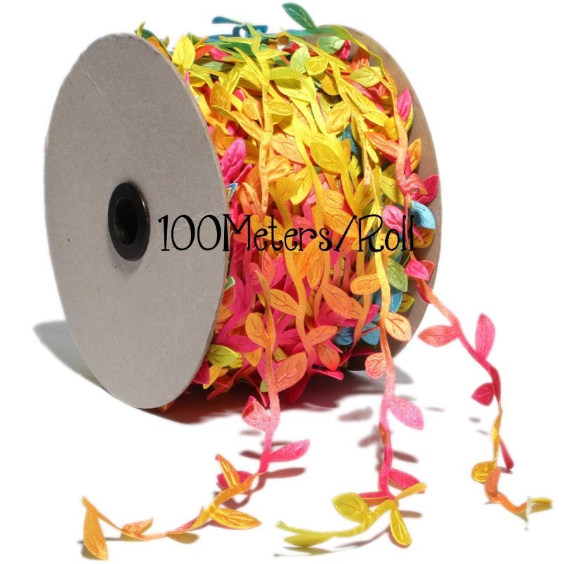 100M/pack 2.5CM Fashion Newborn Rainbow Leaves Lace Stretch for Hair Accessories Colorful Flower Leaf Trim Ribbon for Clothing