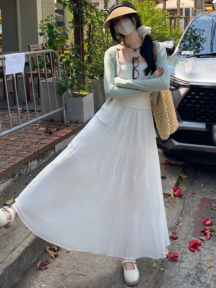 Elegant White Chiffon Half Skirt Women's Summer Pleated A-Line Gown Skirt Draped Style Cake Skirt High Waist Straight Cut