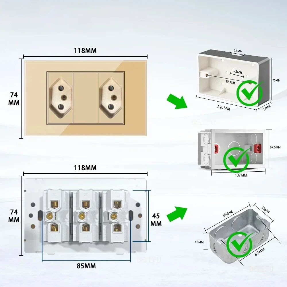 

Melery 4*2 Золотое закаленное стекло Бразилия Стандартная розетка Двойная настенная розетка USB типа C 10A 20A Умный выключатель света Швейцария CAT5/6