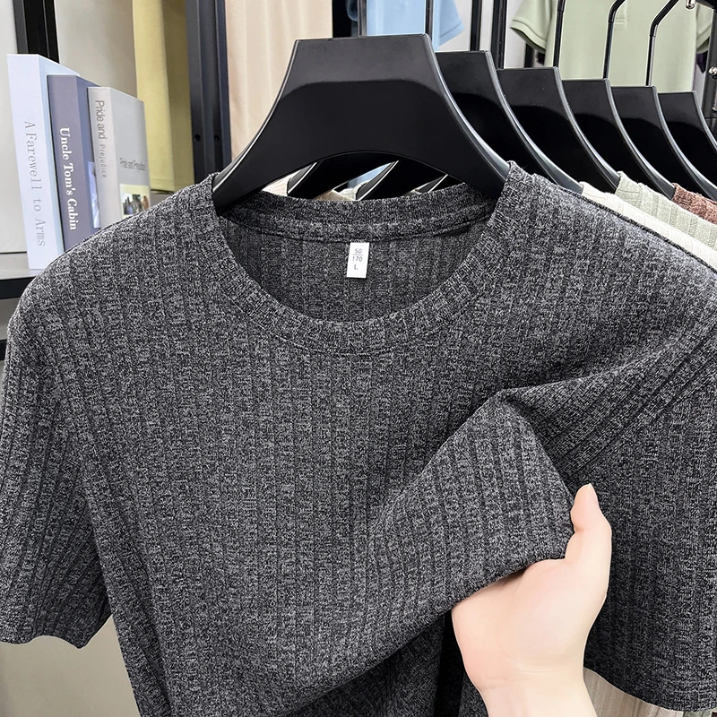 Herren Gestricktes Geripptes Gestreiftes T-Shirt Kurzarm O-Ausschnitt Atmungsaktiver Komfortabler Stoff Sommer Lässig Geschäftlich Tägliche Kleidung – Detail 8