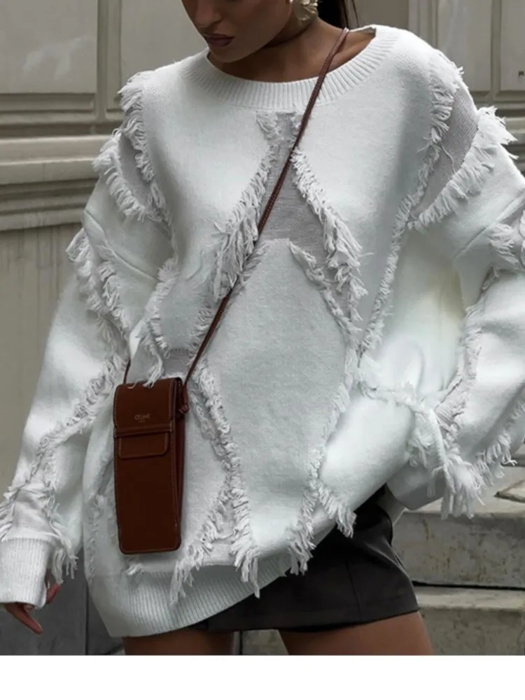 

Свободный свитер с круглым вырезом в стиле ретро, женский осенне-зимний новый вязаный свободный повседневный пуловер с кисточками и длинными рукавами, топ