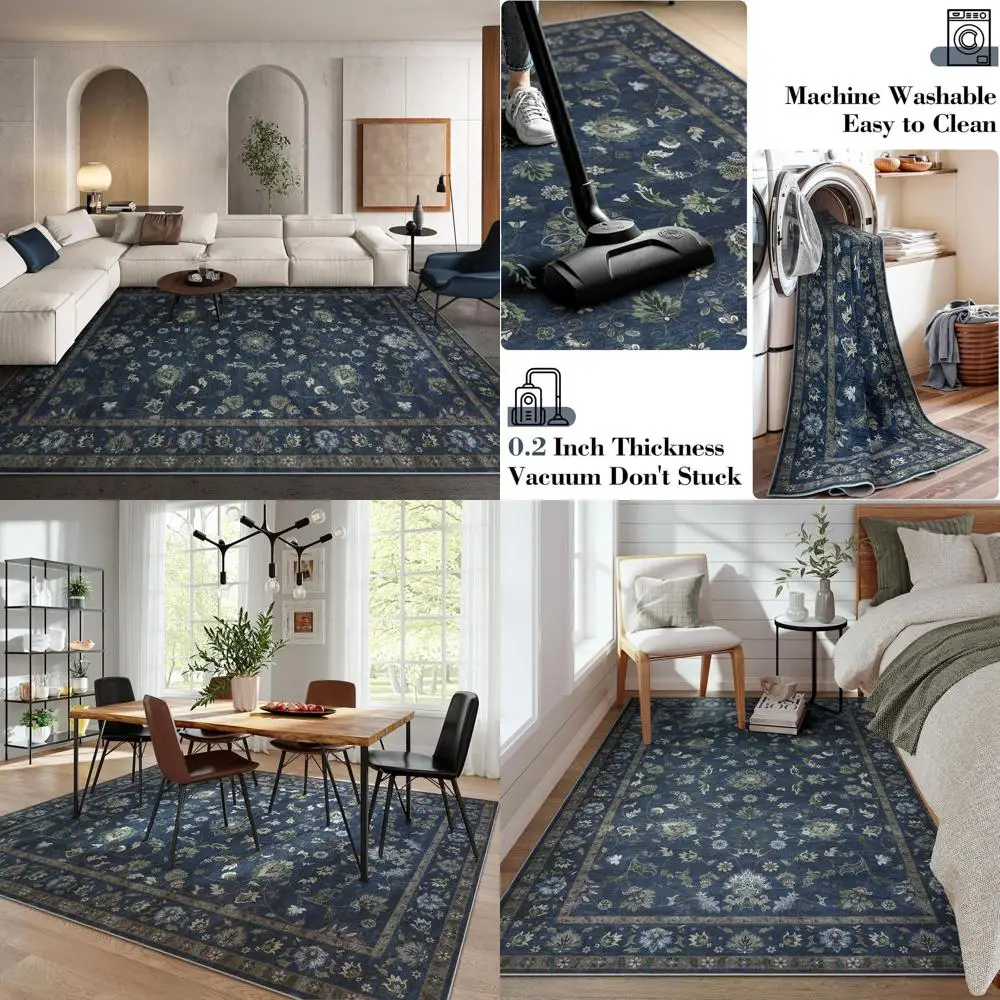 

Vintage Floral 5x7 Washable Rug, Non-Slip Stain-Resistant Carpet for Home Office, Bedroom, Living & Dining Rooms (Blue)