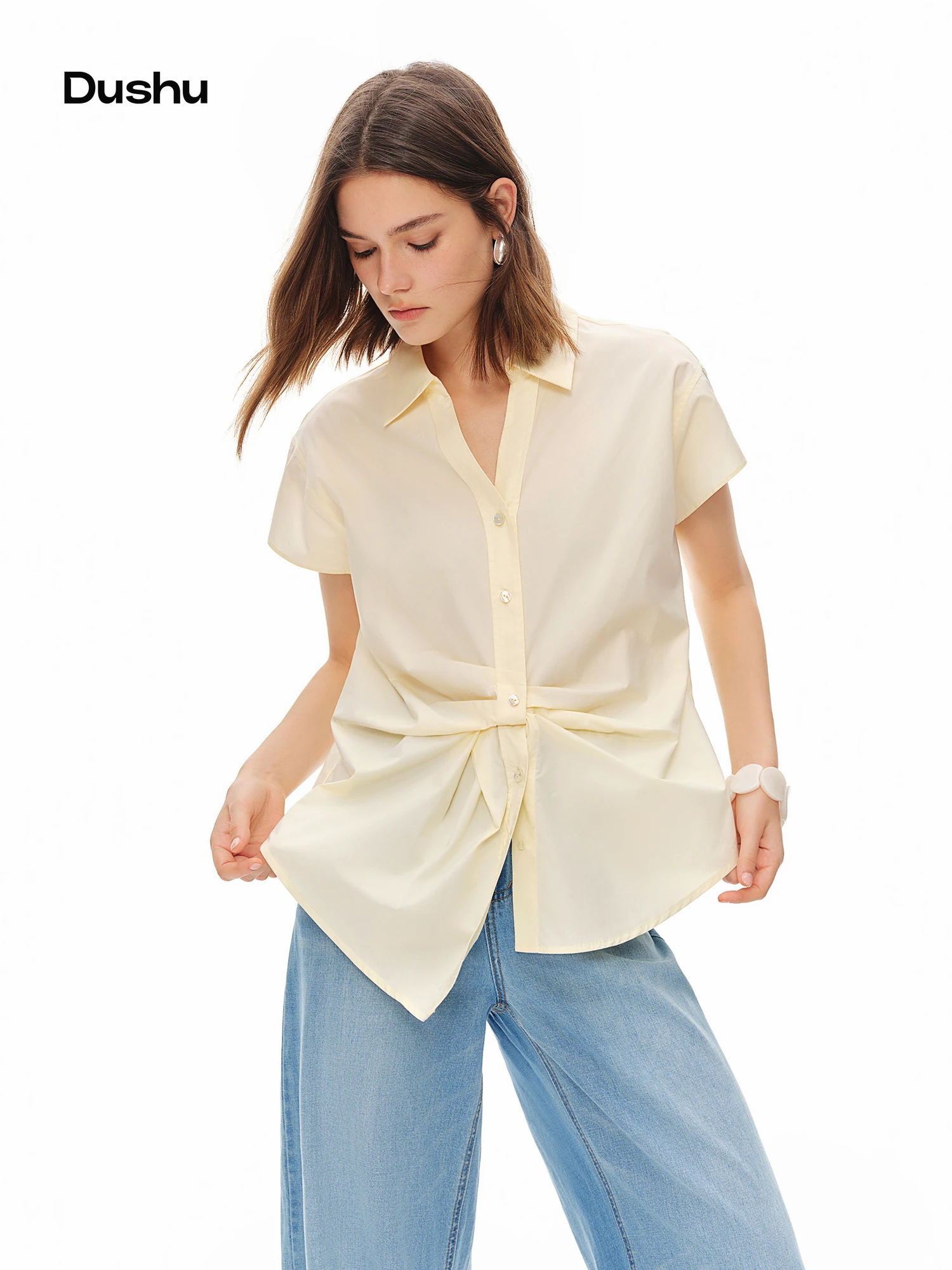 

DUSHU 2026 New Arrival Women Versatile Size Twist Knot Shirt Chic Minimalist Loose Office Work Casual Blouse Slim Fit Tunic Top