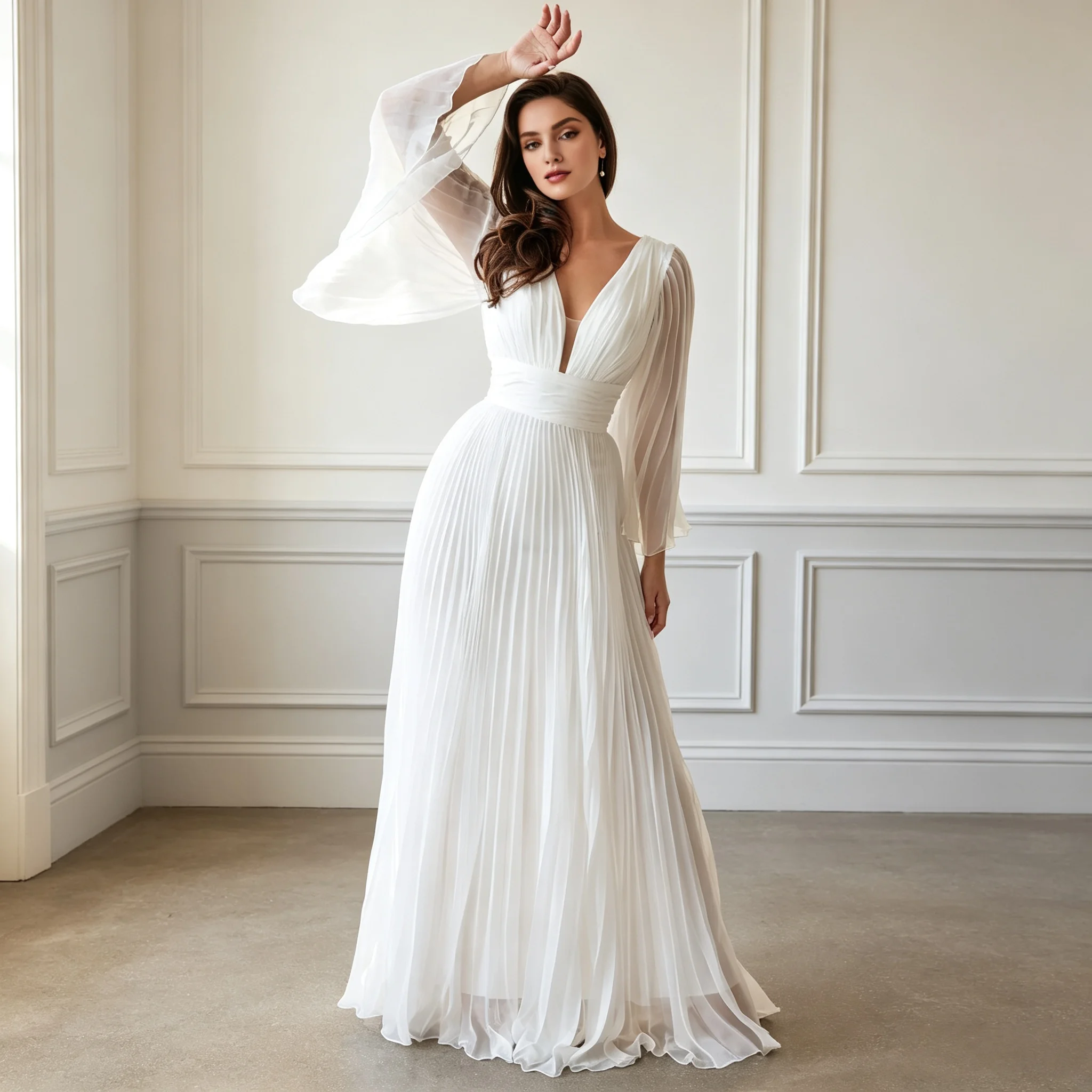 Deep V Bell Sleeve Pleated Chiffon Wedding Dress Ruched Waist Flowy Floor Length Bridal Gown Cheap Customization